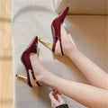 Back strap high heels for women 2024 metal stiletto small square toe one-word buckle sexy black patent leather toe sandals