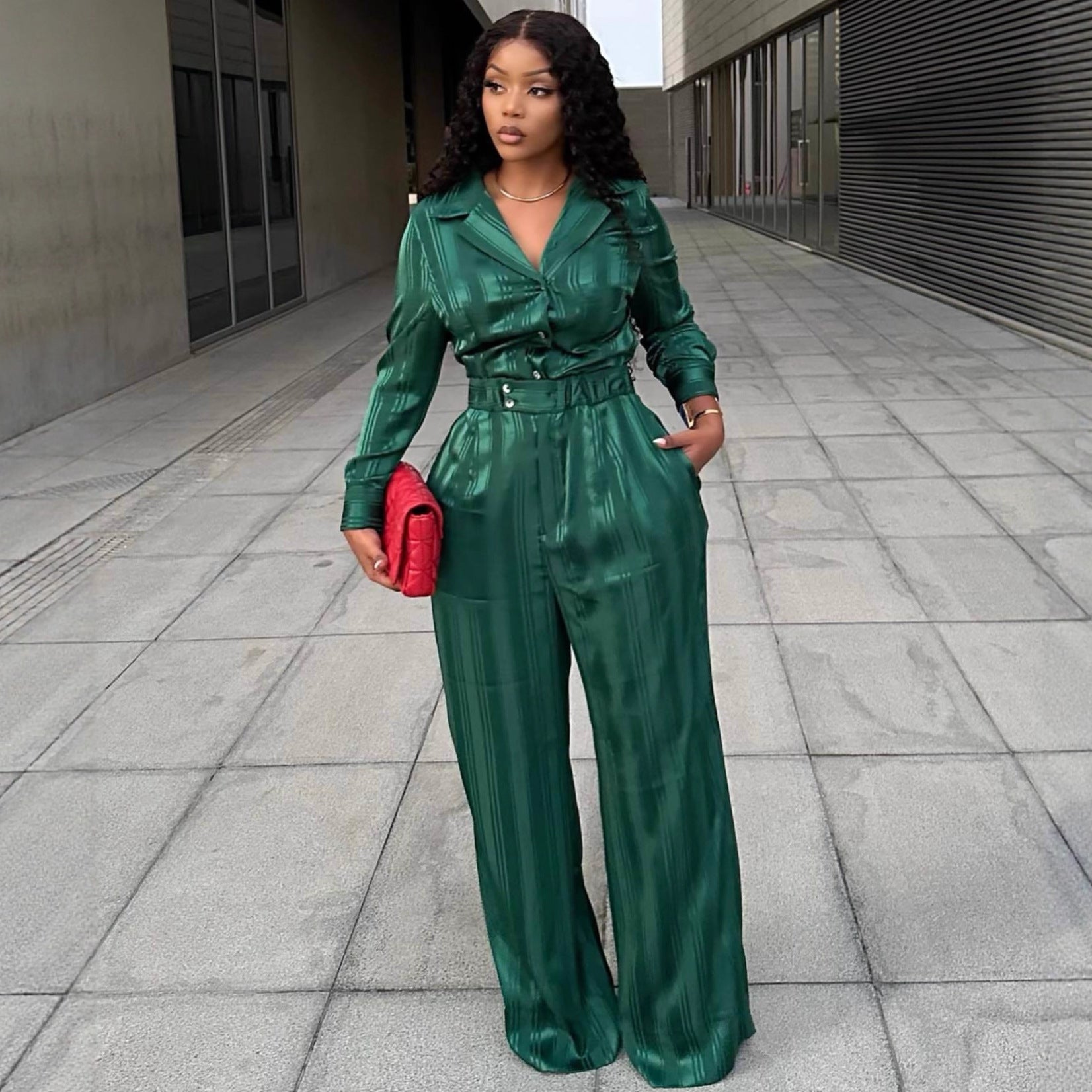 European and American large-size women's clothing long-sleeved suit collar cardigan shirt top wide-leg trousers African fashion foreign style two-piece set