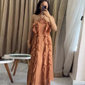 European and american cross-border women's fashion:  spring new arrival - elegant halter neck sleeveless ruffle trim cami dress with 3d floral appliqués