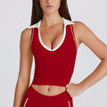 Sleeveless running pilates workout v-neck top vest with padded bra, color block turn-down collar yoga set
