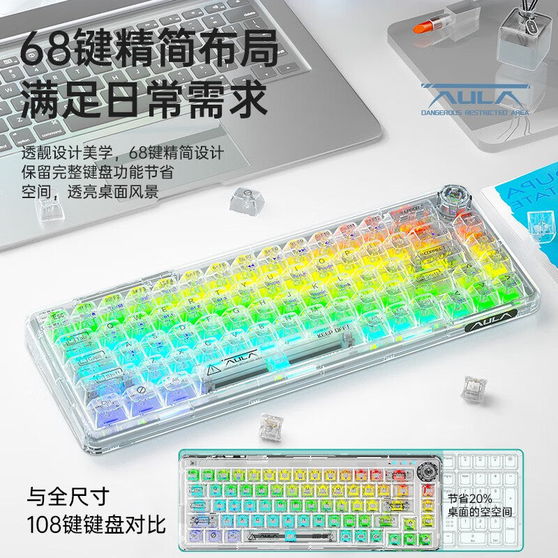Wolf spider f68 mechanical keyboard - transparent, bluetooth/wireless tri-mode, rgb, customizable, hot-swappable - cross-border amazon/ebay