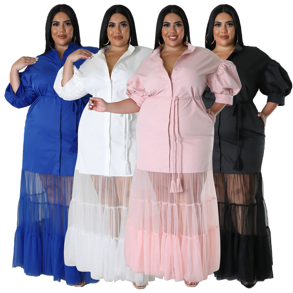 N7937 European and American   temperament semi-mesh short-sleeved autumn cardigan lapel low-cut large-size dress