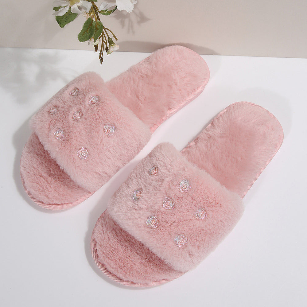 amazon ins one-word cotton slippers winter home plush slippers women's indoor and outdoor rose flower furry slippers