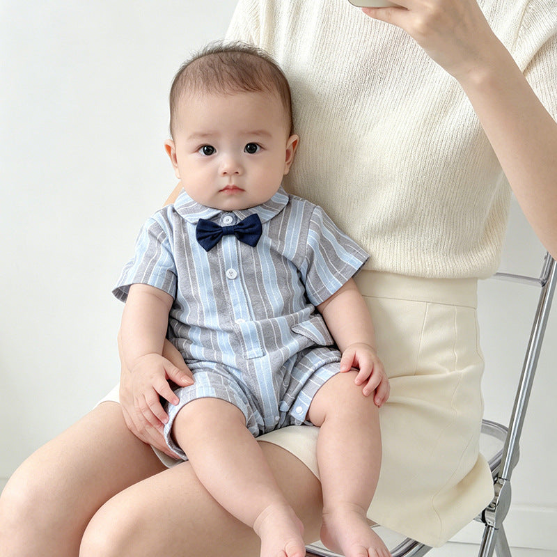 Baby summer outfit: lightweight newborn boy romper - short sleeve striped oxford style - first birthday super cute onesie