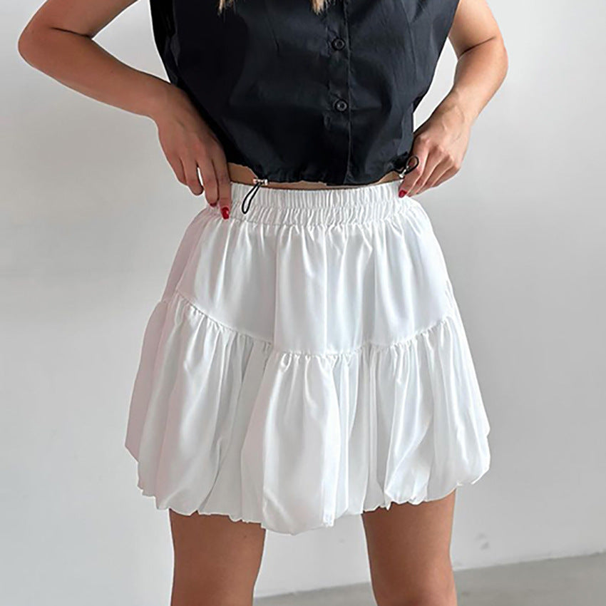 2024 summer white chiffon balloon skirt short skirt women's commuting high waist draped A-shaped skirt fluffy skirt European and American women's clothing