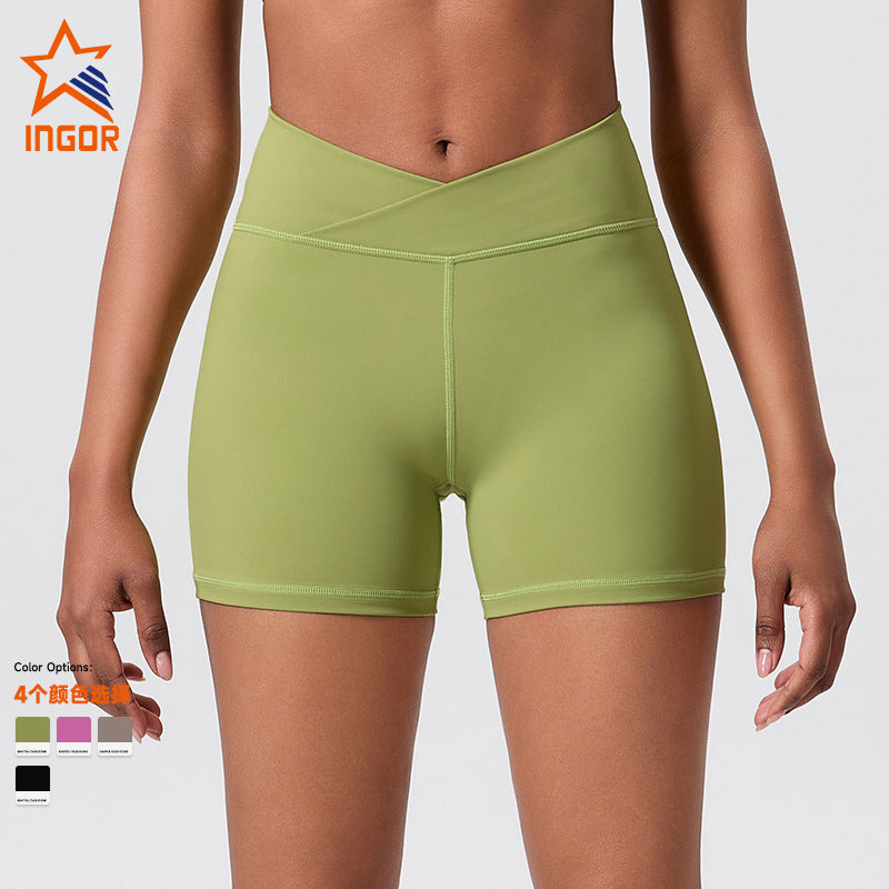 Three-quarter pants pure colorhigh waist tummy control butt lift peach tight fitness sports pants front cross outwear yoga shorts