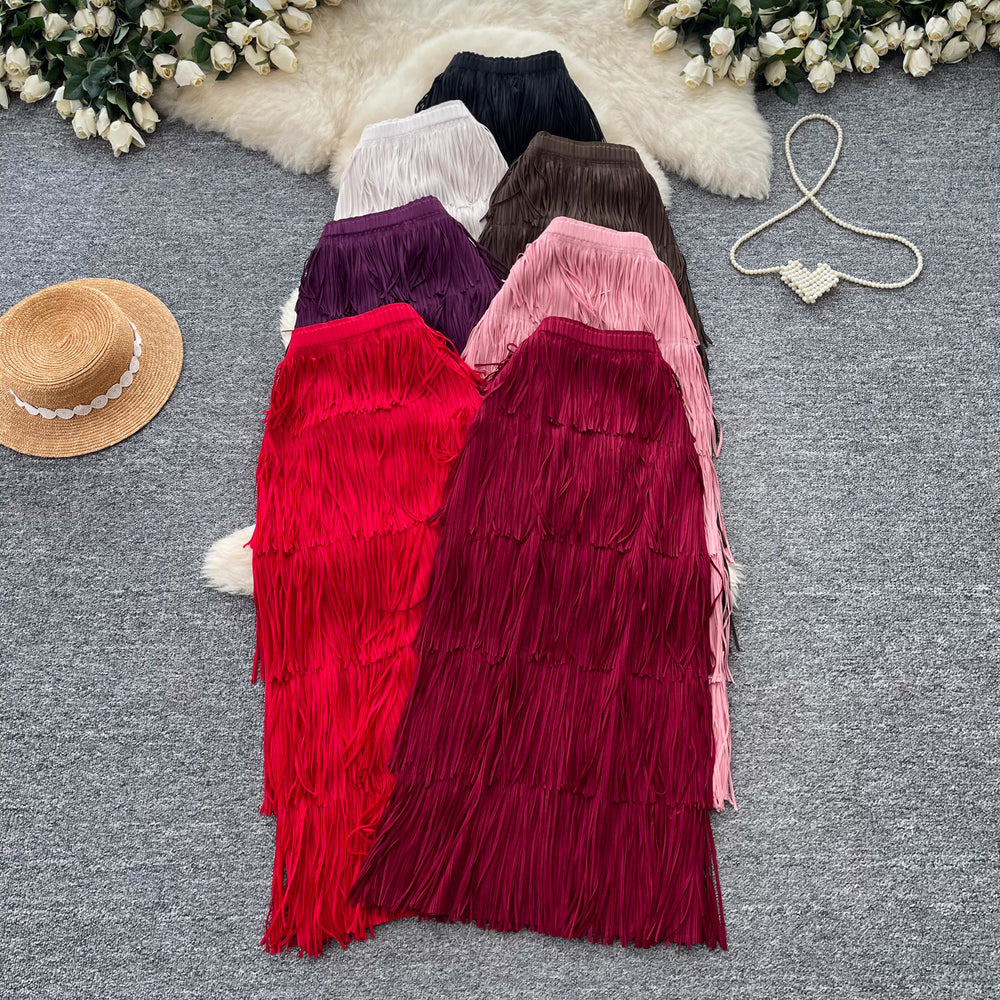 Retrocasual style tassel skirt women's high waist a-line skirt women's work clothingslimming look cake skirt niche style design classy sense