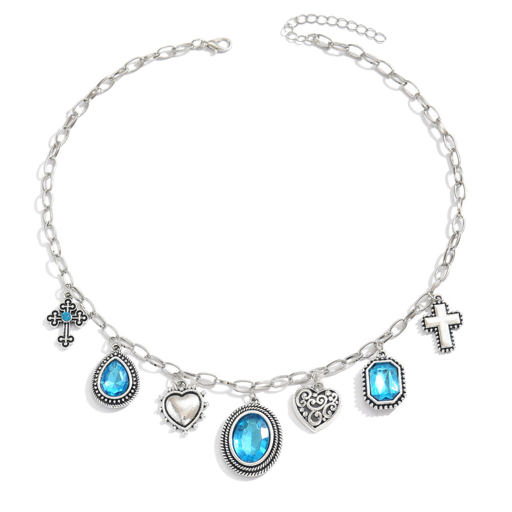 Wholesale blue gemstone necklace - european & american cross-border, light luxury, high-end, baroque heart, teardrop, and cross pendant necklace for women