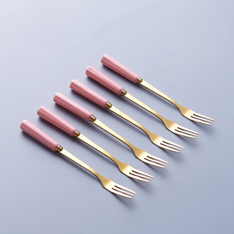 Gold-trimmed striped ceramic fruit fork storage jar - stylish stainless steel fruit forks, a great home essential, spoon and fork set