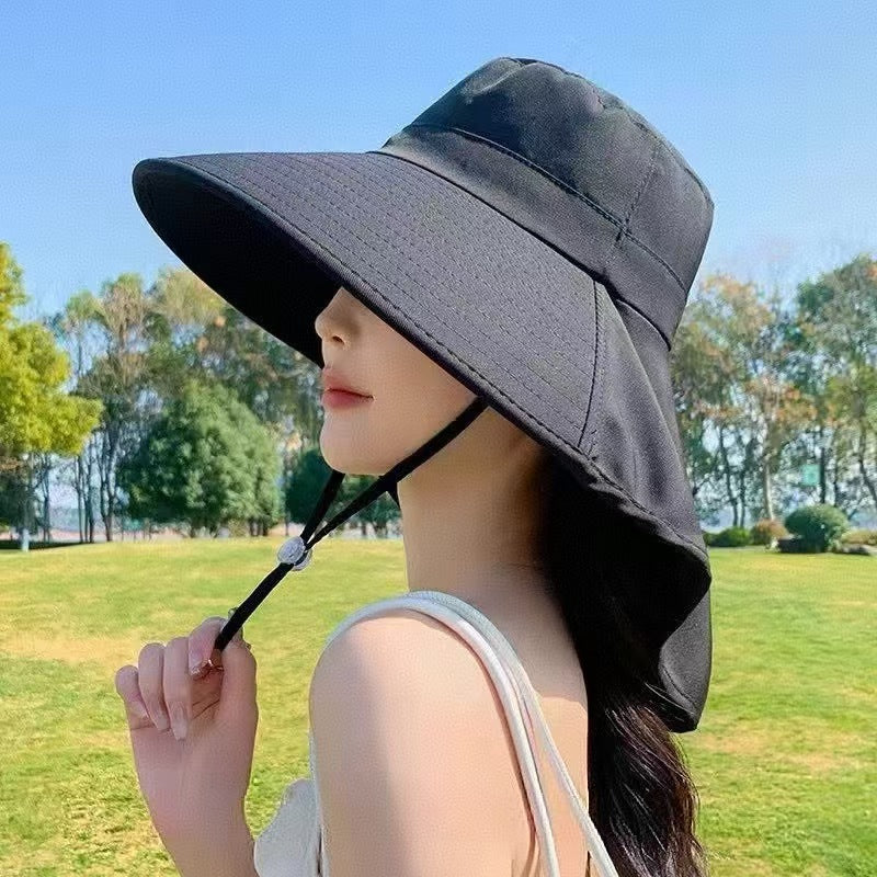 Large brim sun protection integrated tea picking hat women's summer anti-ultraviolet sunshade neck protection shawl bucket hat can tie a ponytail