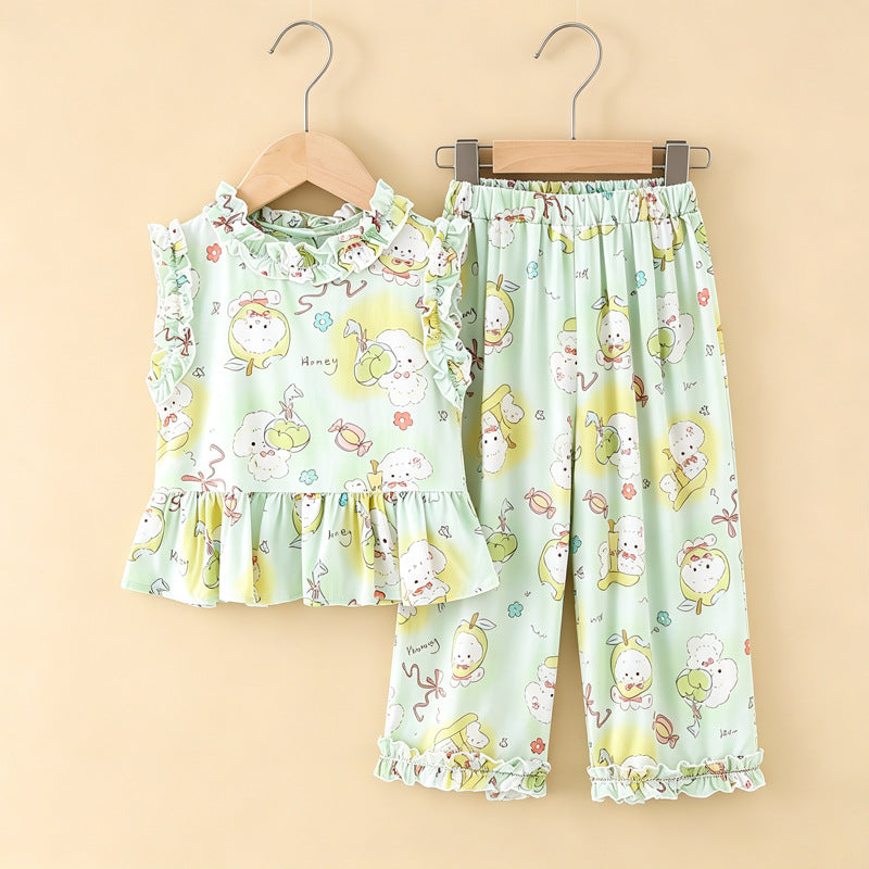 Girls' rayon outerwear set - cartoon print, loungewear, loose fit, breathable, cute summer lightweight lace pajamas