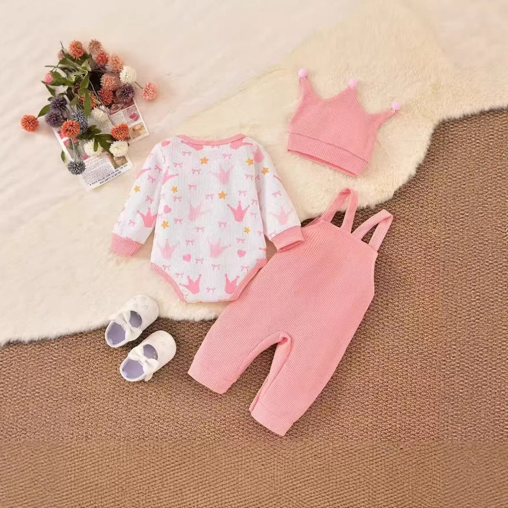 Baby girl cute bow crown print romper overalls set