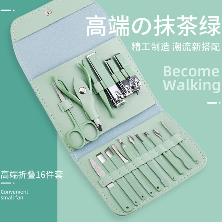 Green stainless steel nail clipper pedicure knife set manicure tool full set nail scissors suit nail clipper wholesale full set