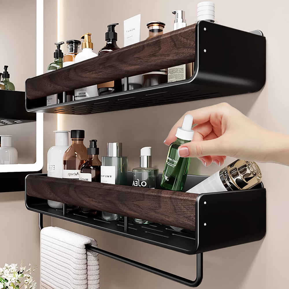 Walnut bathroom storage rack - no drilling required, wall-mounted organizer for vanity countertop and sink area