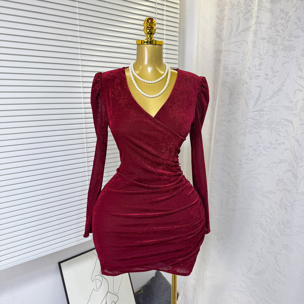 Exportelegantv neck velvet long sleevesdress women's spring & fallelegant cross waist elastic slimming look hip-covering short skirt