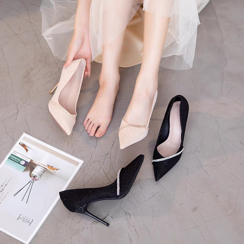 French chic high heels for women, spring/autumn 2024 collection: pointed-toe stilettos with rhinestone embellishments, premium fashion pumps
