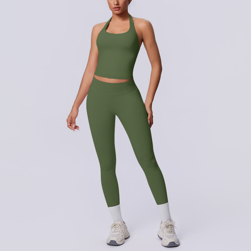 New arrival cross-border seamless pure color halter back tight-fitting suit sports running fitness yoga clothes two-piece set