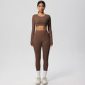 nude feeling tight high waistflap pocket pants crop toplong sleevestops yoga clothes quick-drying running sports fitness suit