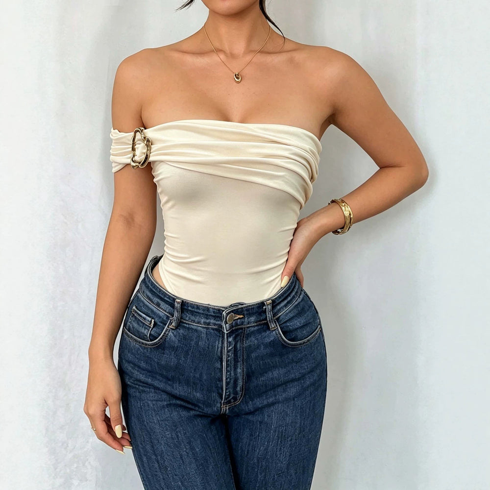 new arrival women's elegant jumpsuit off-shoulder pleated metal buckle waist slimming look jumpsuit women's outwear