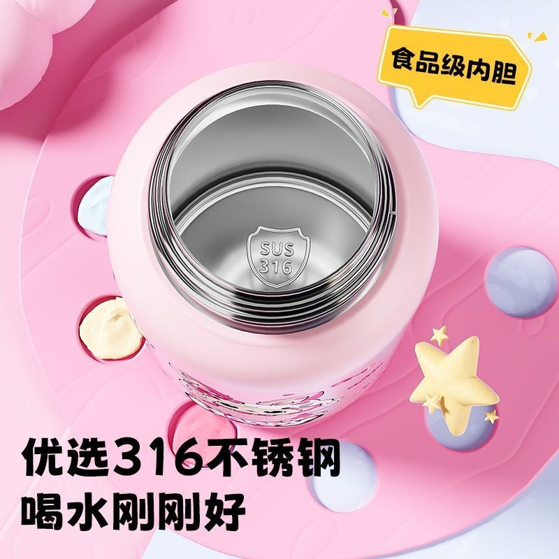 Creative cartoon double-drink kids' thermos: stylish, high-capacity student straw water bottle - stainless steel cup
