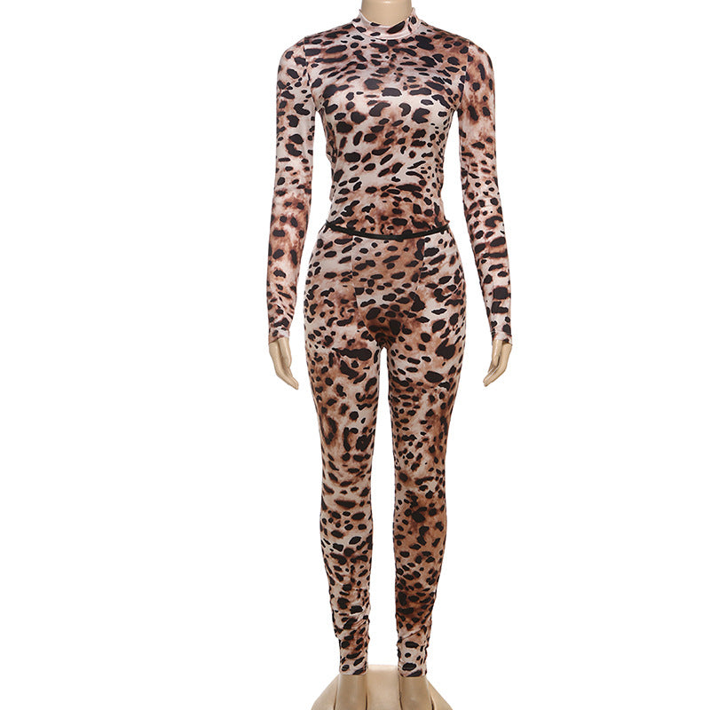 Europe, America 2025 new spring women's clothing sexy Spice Girls semi-turtleneck contrasting color leopard print sexy leggings two-piece set