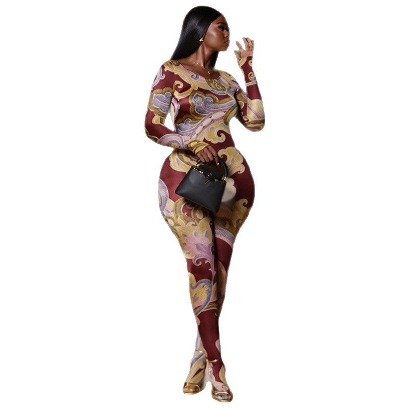 European and american style cross-border new women's printed versatile fashionable comfortable jumpsuit slim fit long sleeve crew neck bodysuit trendy