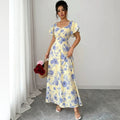 Fashion cross-border  french printingdress low collar chest pleated design short flying sleeves high waist long