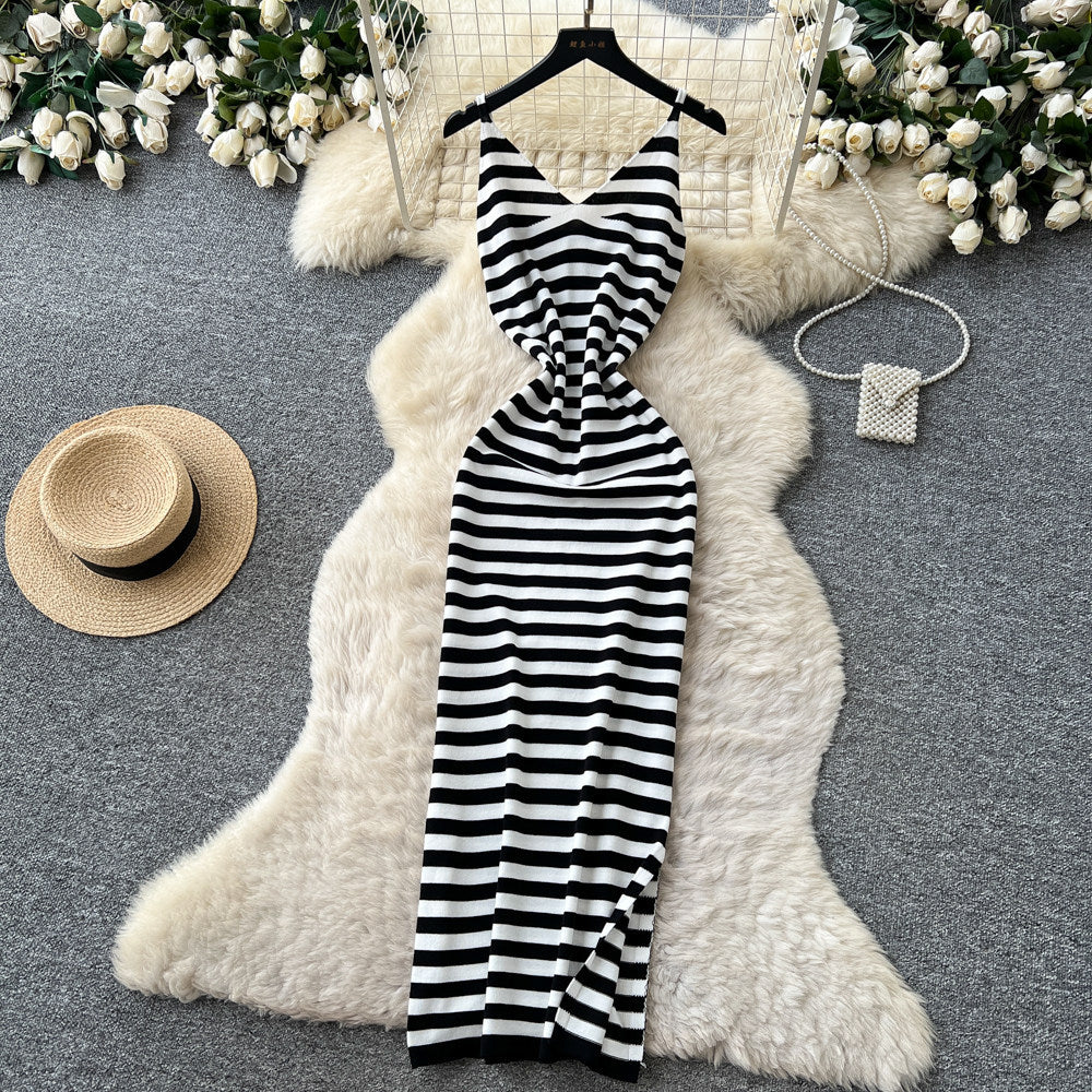 Lazy stripes suspender sleeveless dress women's summerknitting silmslimming lookelegant long skirt work clothing outfit