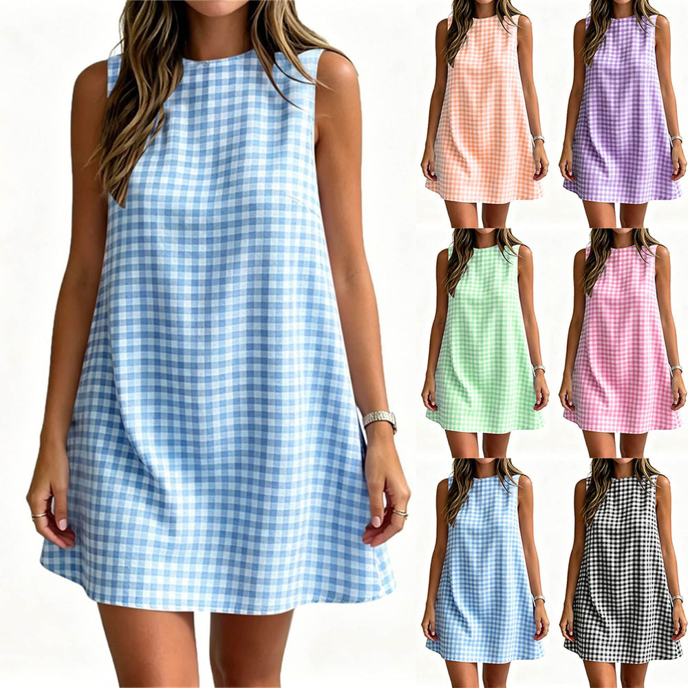 european and american cross-border  summer new women's plaid round neck sleeveless back zipper casual dress