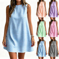 european and american cross-border  summer new women's plaid round neck sleeveless back zipper casual dress