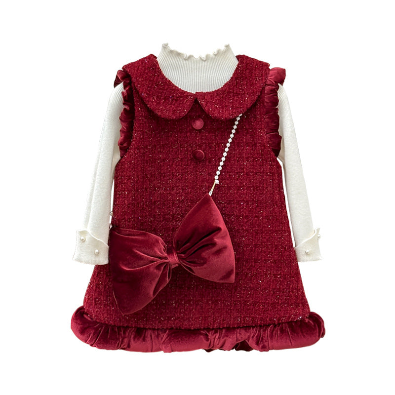 【in stock】girls' dress -  winter new arrival: sweet peter pan collar red fleece-lined vest dress, princess style