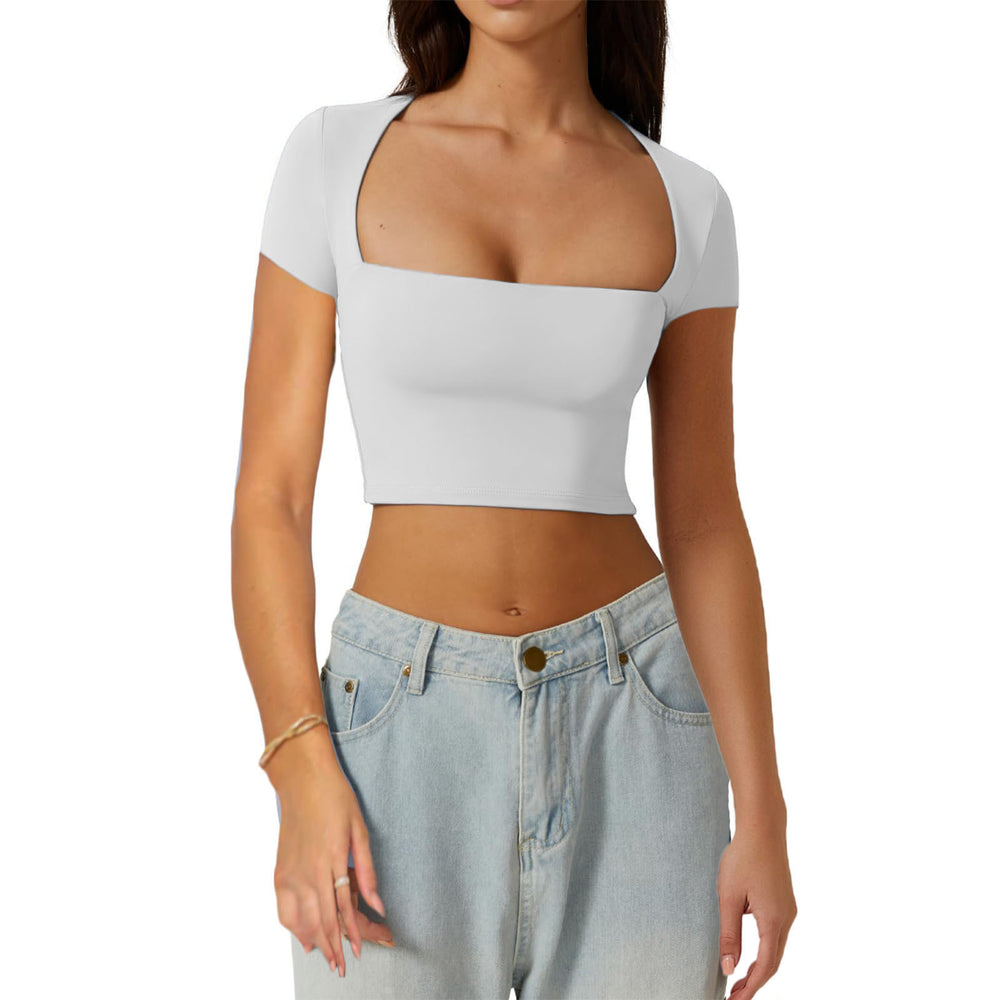 european and american autumn women's slim-fit cropped top: solid color square neck base layer, gentle long-sleeve square neck short top