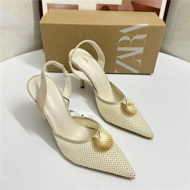 Za2025autum new fashion woven surface women's shoes classypointed toe high heels women's embellished metal flower sandals