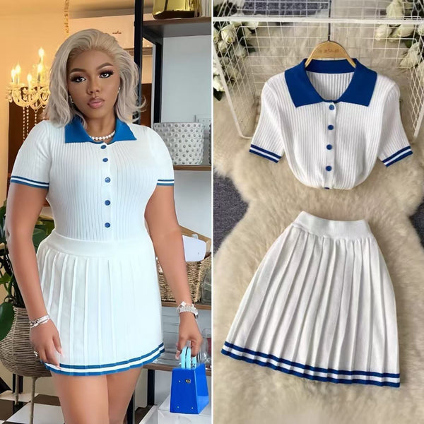 School of Foreign Trade style contrasting color POLO neck short-sleeved top + high-waisted pleated skirt knitted two-piece suit for women