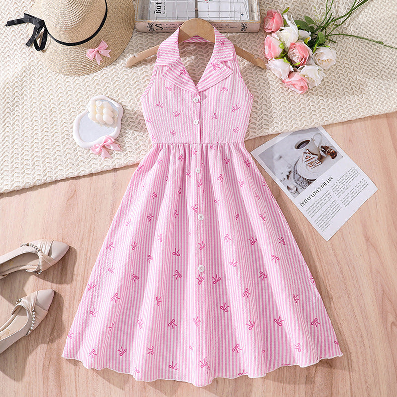 Girls' summer dress: new fashion halter neck sleeveless sweet bow striped european and american casual shirt dress