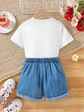 hot selling girls' crew neck printed tee + strawberry print denim shorts + bag set for little girls