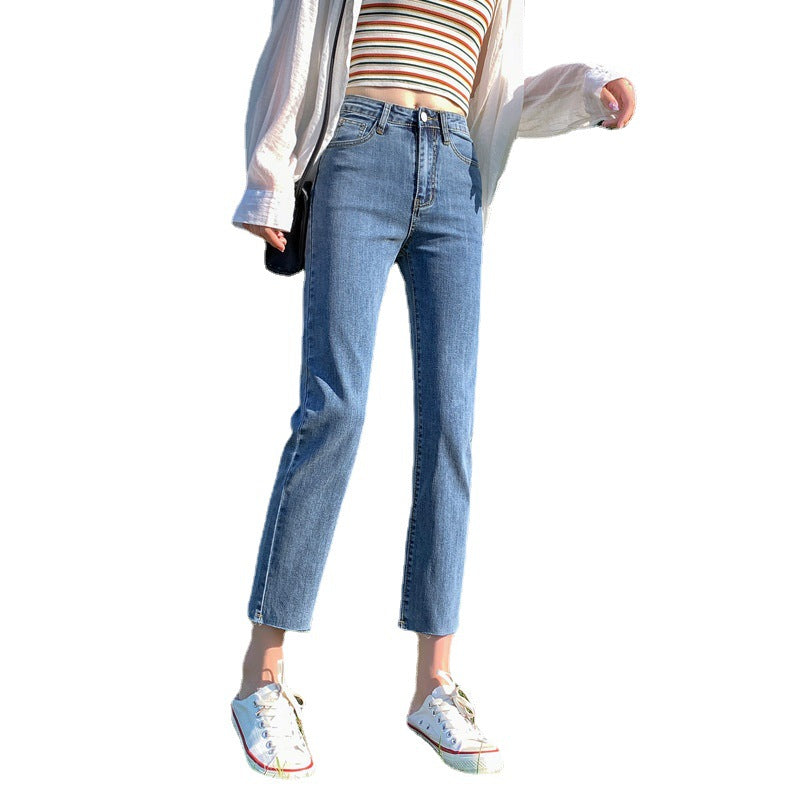 Commutingstraight-leg pants hot-selling new arrivalcasual denim nine-point pants easiest for matchhigh waistslimming look hip-lifting washed jeans