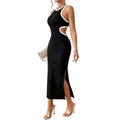 Fashion cross-border summer hot girl queen style round neck back cut outdress hip-covering slimming look slit sleeveless long skirt