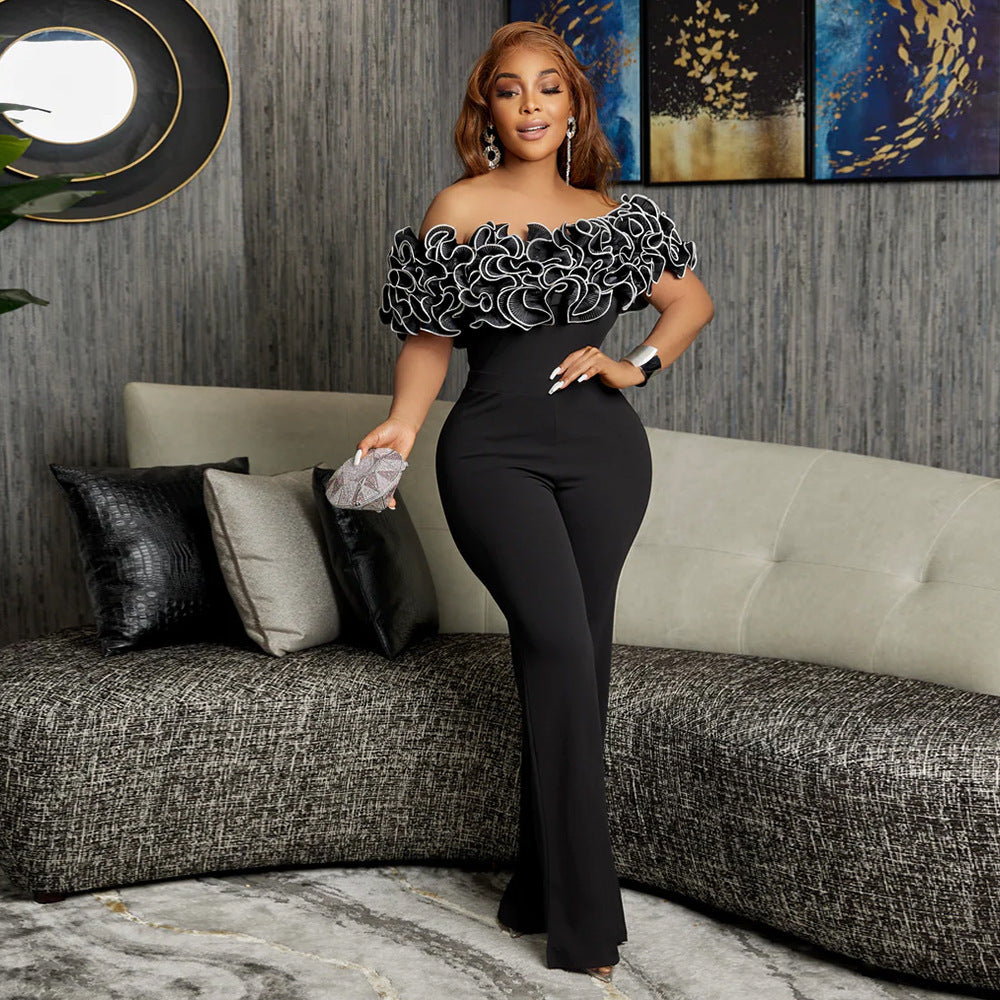 C8593 cross-border women's fashion  new off-the-shoulder bardot neck ruffle sexy high-waisted solid color african jumpsuit
