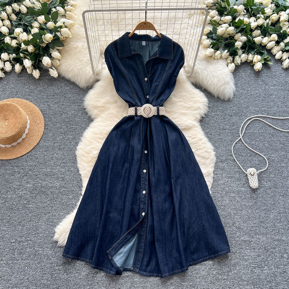 Women's summer dress  new korean style fashion turn-down collar sleeveless single-breasted cinched waist denim shirt maxi dress