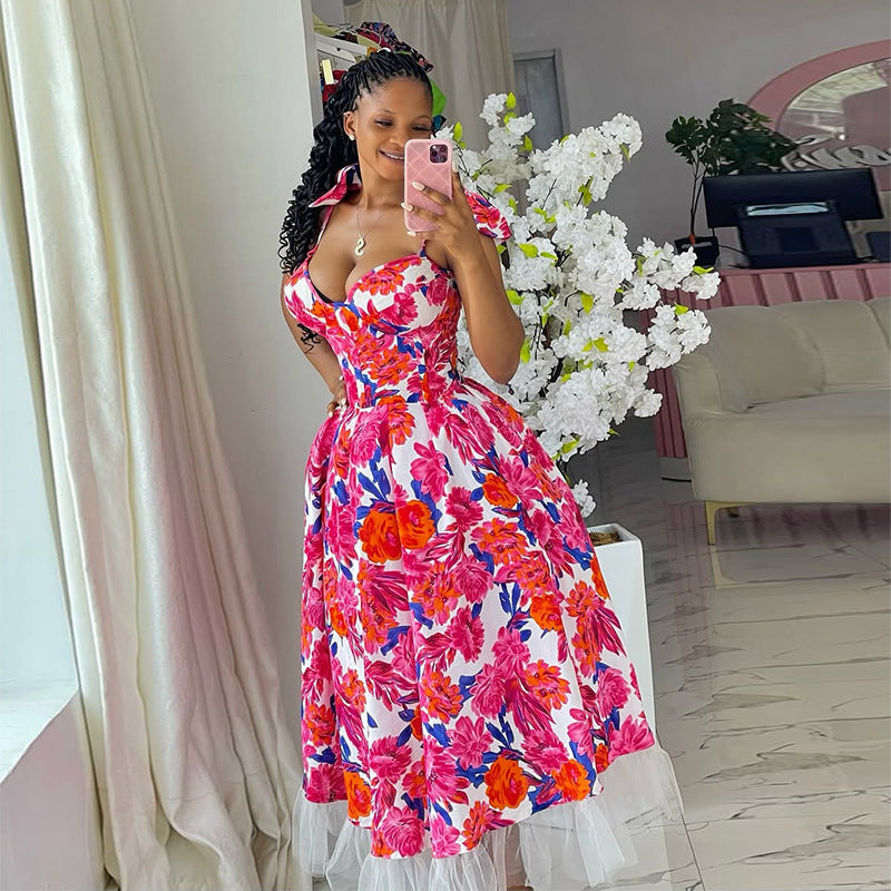 European and american women's clothing  summer new sweet and fresh bow high-waisted mesh patchwork a-line maxi dress