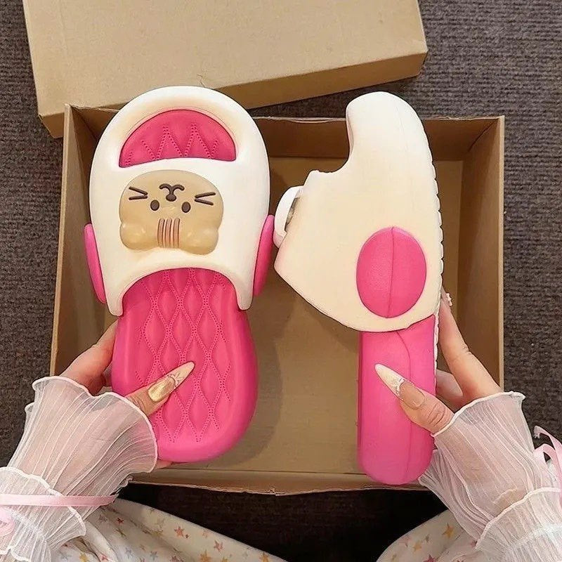 2026 summer new color block slides for women, versatile and cute cartoon design, comfortable thick sole eva height increasing thong sandals