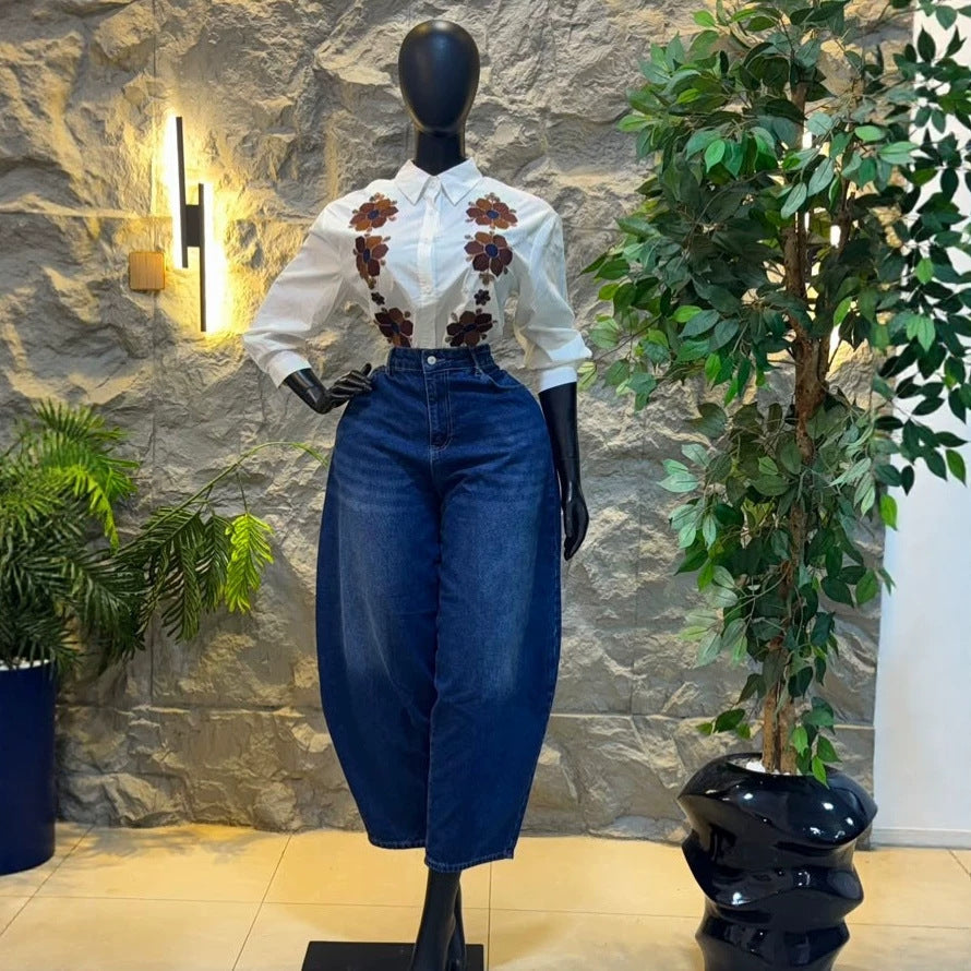 European and american cross-border women's fashion:  summer new arrival - stylish printed, designer single-breasted, turn-down collar, long-sleeve shirt top