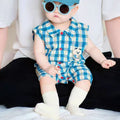 Newborn summer sleeveless casual outing romper, stylish baby lightweight bodysuit with turn-down collar and plaid pattern