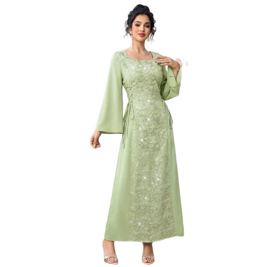 European and american cross-border  hot-selling embroidered maxi dress: sheer mesh floral long sleeve, slimming and figure-flattering, chinese style dress