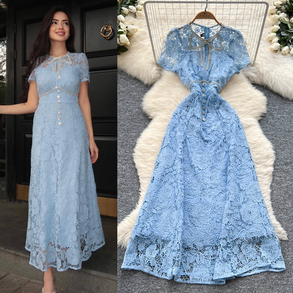 Elegant chanel-inspired, high-end, diamond-studded bow, short-sleeved, cinched-waist, openwork crochet lace dress, french-style maxi dress