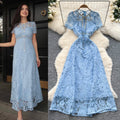 Elegant chanel-inspired, high-end, diamond-studded bow, short-sleeved, cinched-waist, openwork crochet lace dress, french-style maxi dress