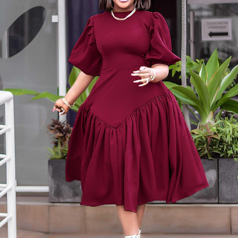 D3164 european and american clothing  new  pleated african plus size fashion puff sleeve foreign trade dress