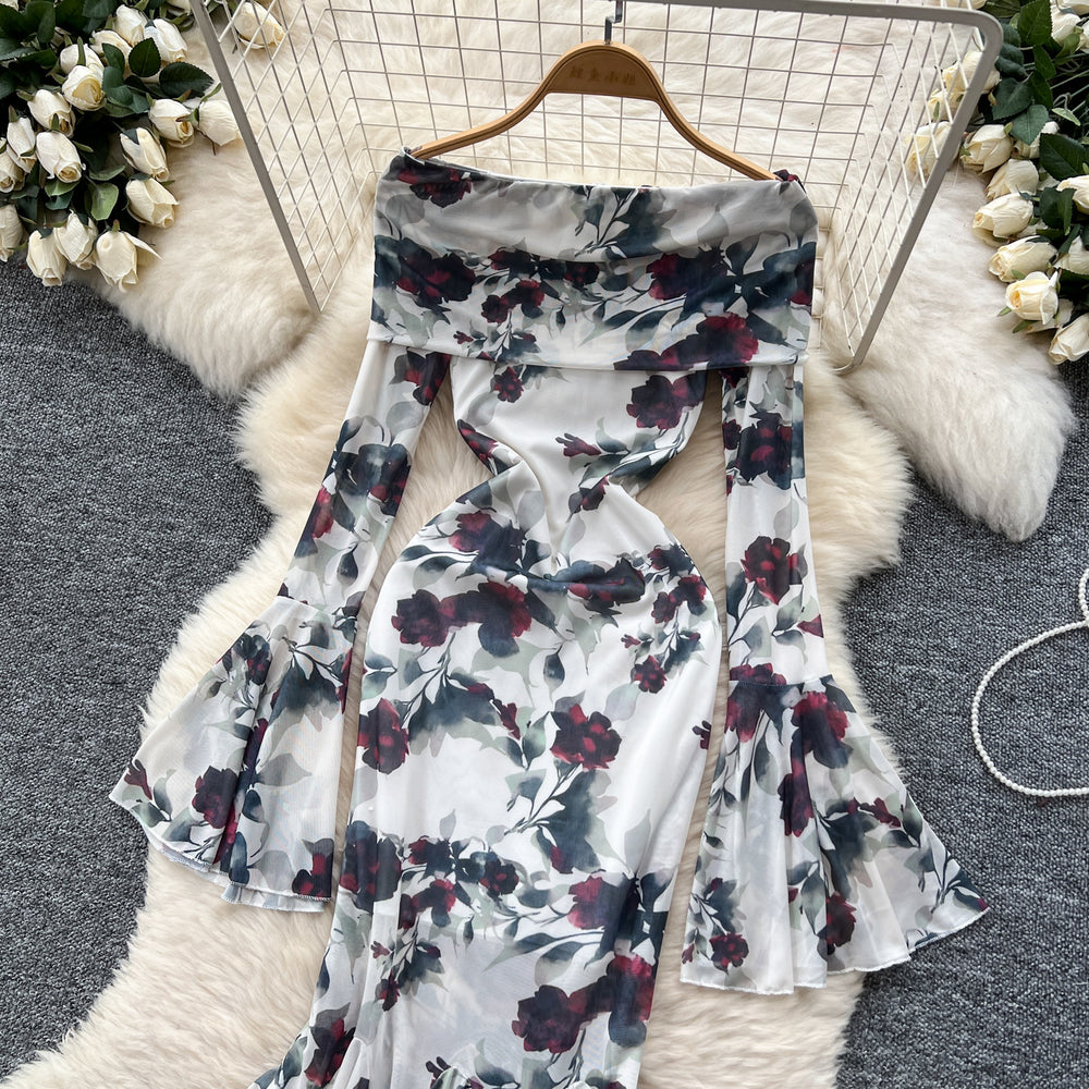 Goddess-style niche styleclassy one-shoulder lapel bell sleeves waist slimming lookelegantprintingrufflesdress