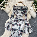 Goddess-style niche styleclassy one-shoulder lapel bell sleeves waist slimming lookelegantprintingrufflesdress